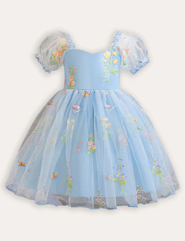 Abito da festa in tulle con ricamo floreale con maniche a palloncino