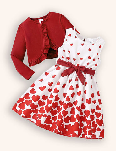 Vestido con estampado de amor de San Valentín + chaqueta de punto