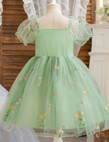 Abito da festa in tulle con ricamo floreale con maniche a palloncino