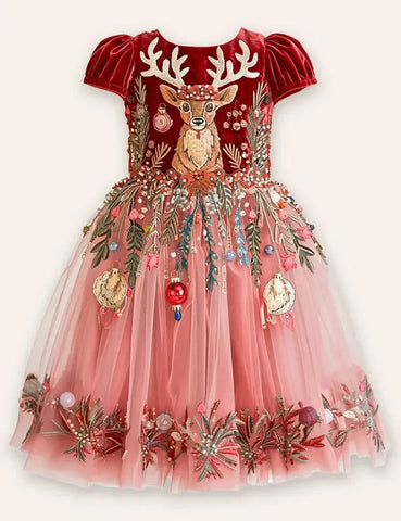 Clearance Deals - Festival Reindeer Embroidery Tulle Long Dress