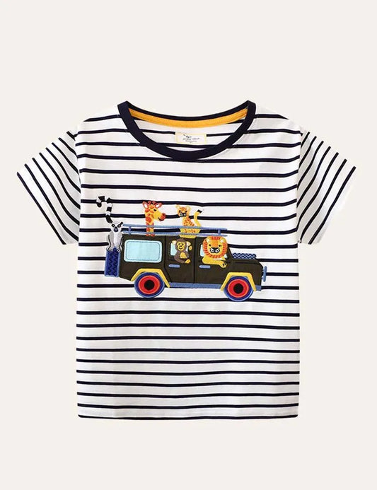 Animal Friends Striped Appliqué T-shirt - Mini Taylor