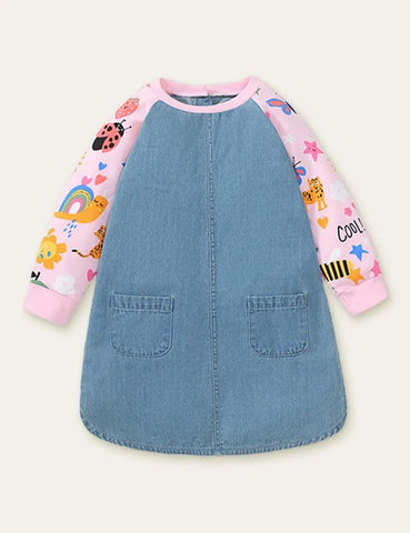 Bee Snail Printed Denim Long Sleeve Dress - Mini Taylor