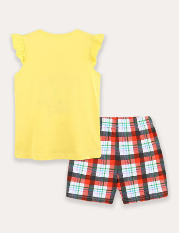 Besticktes T-Shirt- und Shorts-Set mit Marienkäfer-Karo