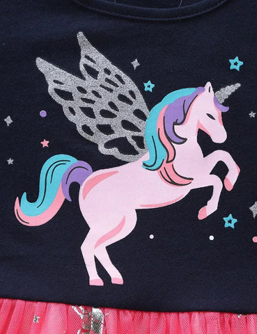 Cartoon Unicorn Printed Mesh Long Sleeve Dress - Mini Taylor