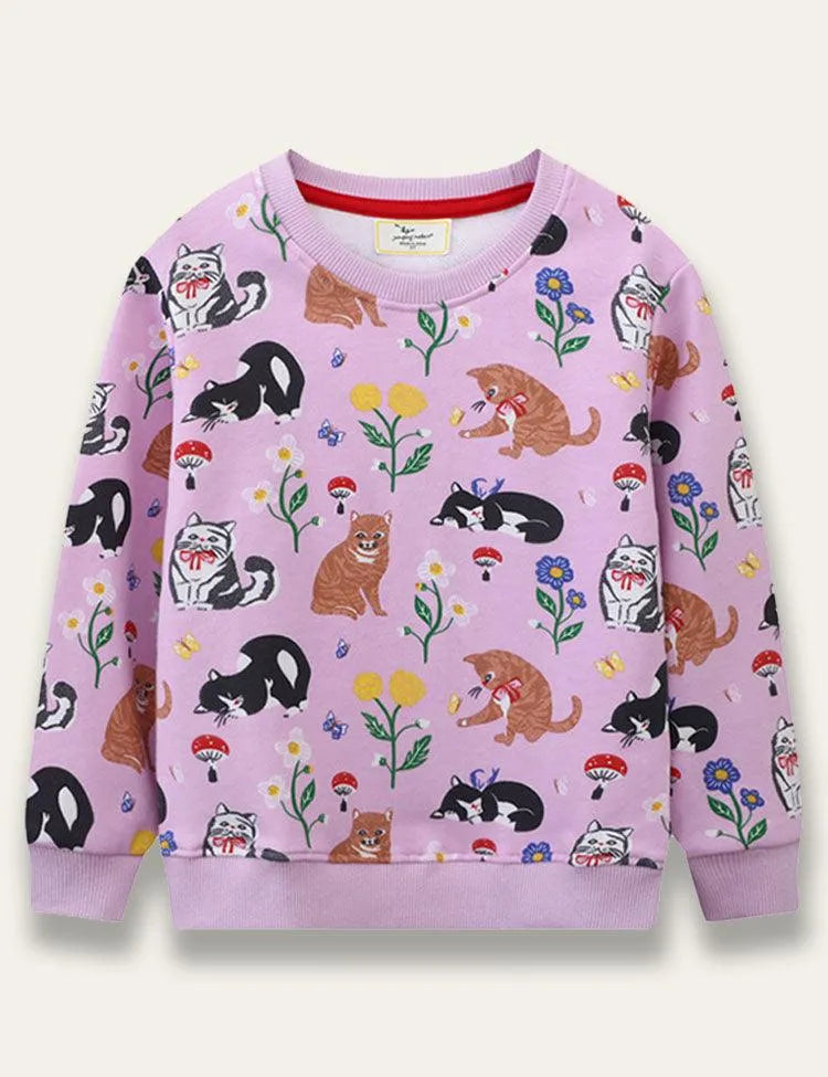 Cute Kitten&Floral Print Sweatshirt - Mini Taylor