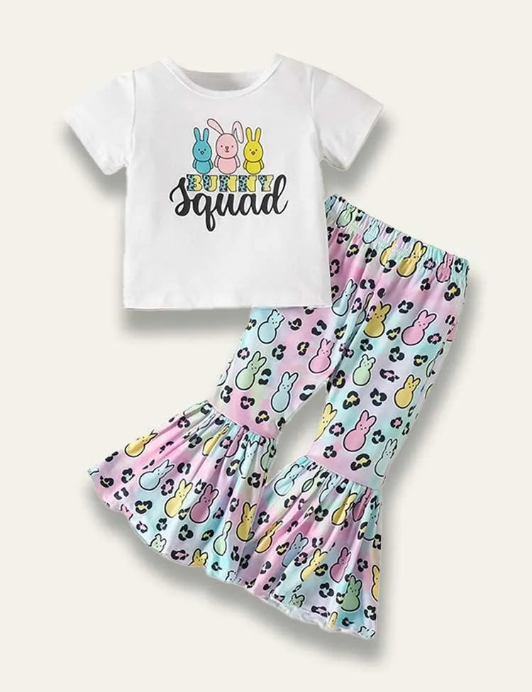 Easter Cartoon Cute Bunny Printed Short Sleeve T-Shirt+Flared Pants - Mini Taylor