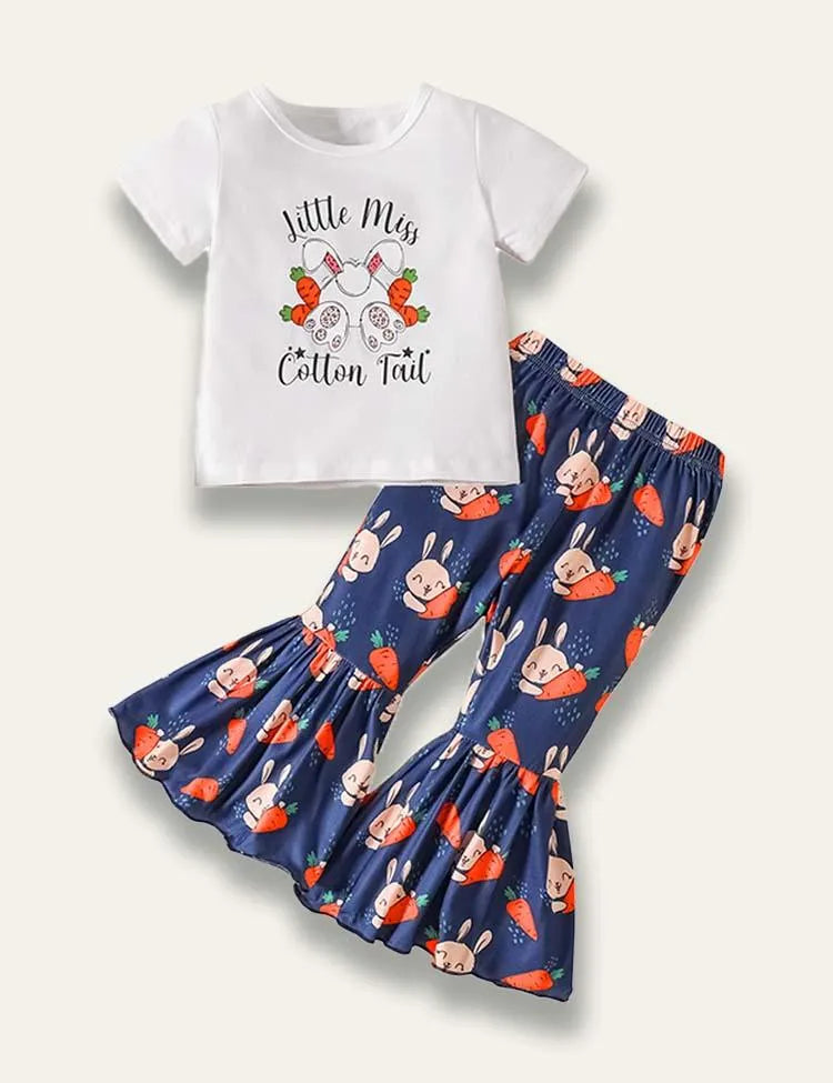 Easter Cartoon Cute Bunny Printed Short Sleeve T-Shirt+Flared Pants - Mini Taylor