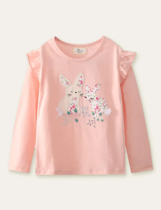 Floral Rabbit Appliqué Embroidered Long Sleeve T-shirt - Mini Taylor