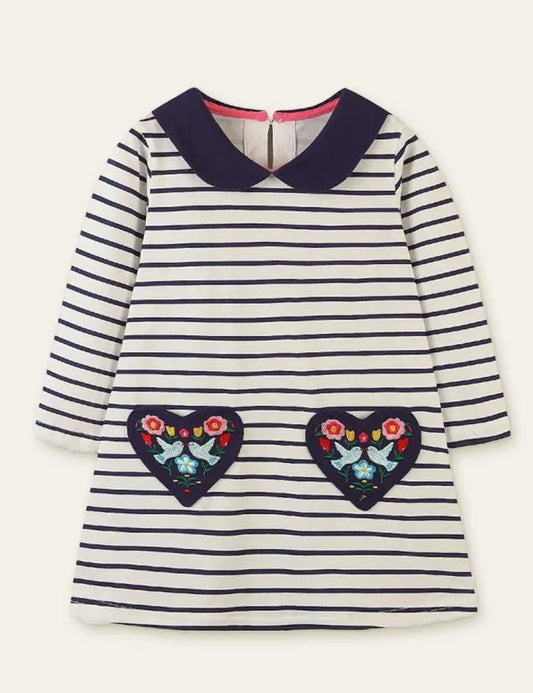Flower and Bird Embroidered Striped Long-Sleeved Dress - Mini Taylor
