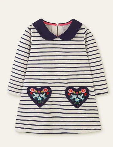 Flower and Bird Embroidered Striped Long-Sleeved Dress - Mini Taylor