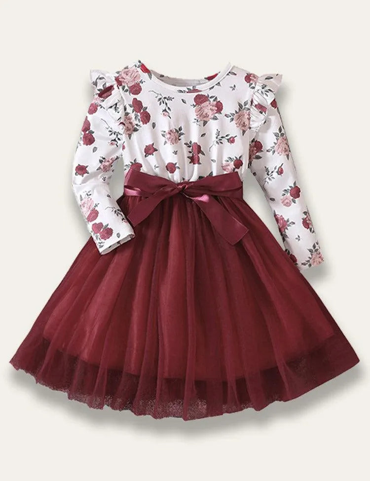 Flying Sleeve Rose Print Tulle Dress - Mini Taylor
