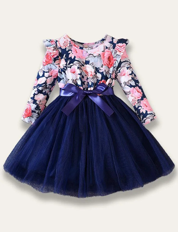 Flying Sleeve Rose Print Tulle Dress - Mini Taylor