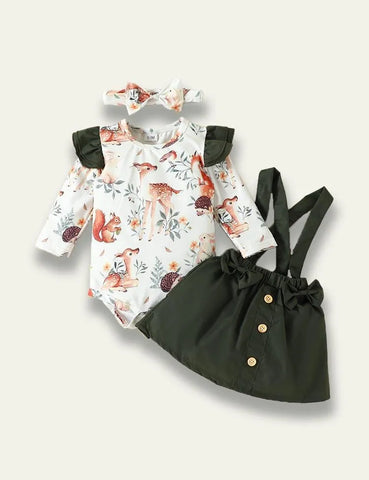 Long Sleeve Romper+Plant Fox Printed Bow Strap Dress - Mini Taylor