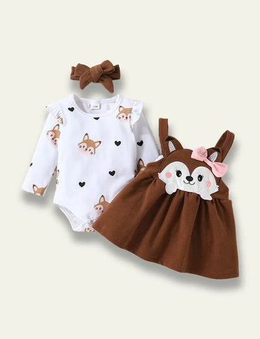 Long Sleeve Romper+Plant Fox Printed Bow Strap Dress - Mini Taylor