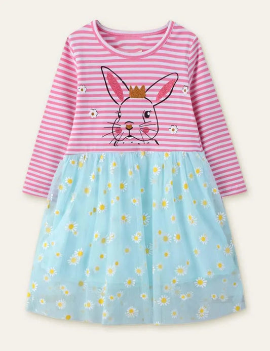 Rabbit Flower Printed Mesh Long Sleeve Dress - Mini Taylor