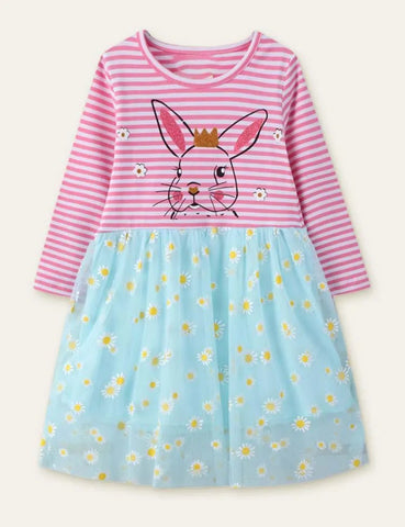 Rabbit Flower Printed Mesh Long Sleeve Dress - Mini Taylor
