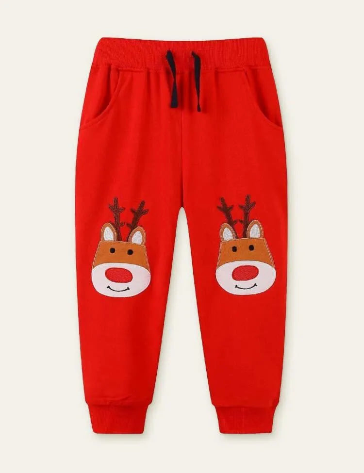 Red Nose Elk Appliqué Embroidered Sweatpants - Mini Taylor