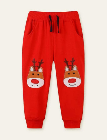 Red Nose Elk Appliqué Embroidered Sweatpants - Mini Taylor