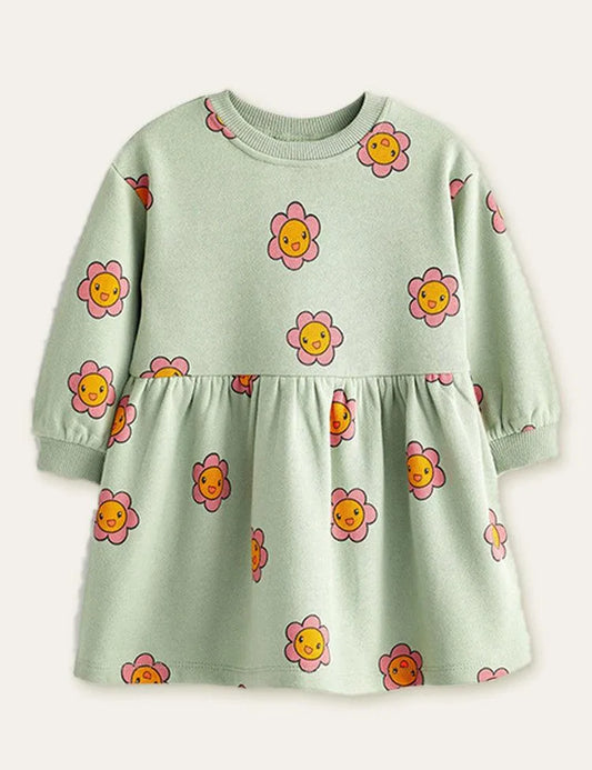 Smiling Flower Printed Long Sleeve Dress - Mini Taylor