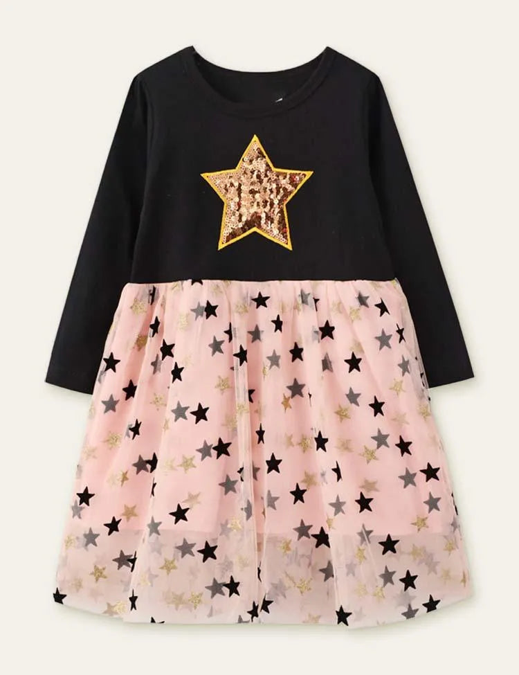 Star Printed Mesh Long Sleeve Dress - Mini Taylor
