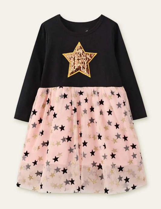 Star Printed Mesh Long Sleeve Dress - Mini Taylor