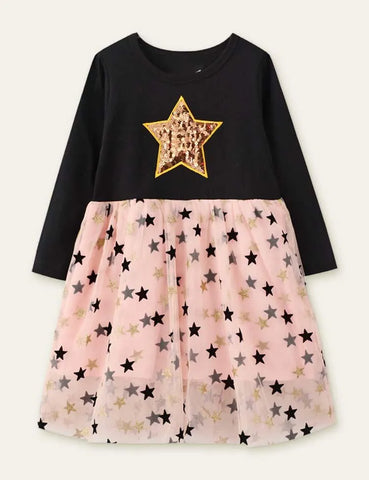 Star Printed Mesh Long Sleeve Dress - Mini Taylor