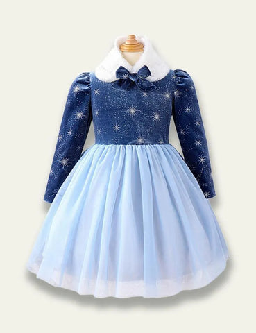 Starry White Furry Collar Mesh Princess Dress - Mini Taylor